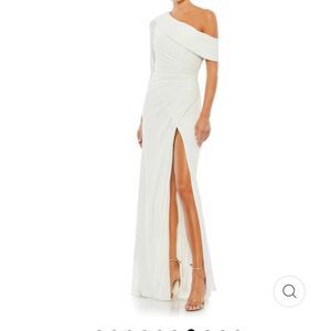 Mac Duggal Ruched Jersey Drop Shoulder Foldover Gown in White  | Size 14